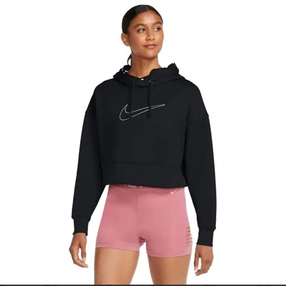Nike Logo Hooded Sweatshirt Thermo Crop Long Sleeve Black Size M - Picture 1 of 11